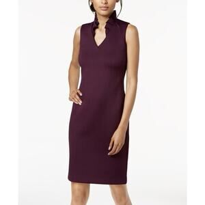 CALVIN KLEIN Ruffled Neck Deep Plum Neoprene Scuba Day To Night Sheath Dress 6